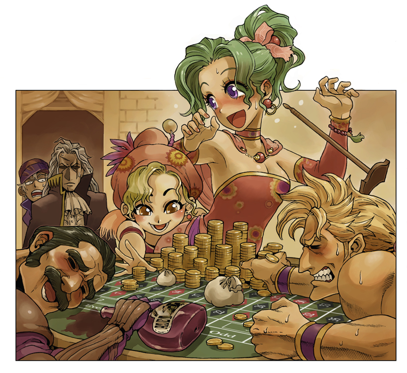 bandana, black_hair, blonde_hair, blush, bottle, bracelet, brown_eyes, cape, casino, cayenne_garamonde, closed_eyes, coin, coins, detached_sleeves, drunk, earrings, facial_hair, final_fantasy, final_fantasy_vi, gambling, gold, green_hair, grey_hair, indoors, lock_cole, long_hair, mash_rene_figaro, mimonel, money, multiple_girls, mustache, open_mouth, pantyhose, ponytail, relm_arrowny, setzer_gabbiani, short_hair, smile, tina_branford, violet_eyes, wristband
