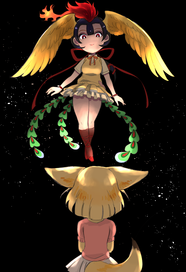 2girls, animal_ears, black_background, blonde_hair, fennec_(kemono_friends), fire, floating, fox_ears