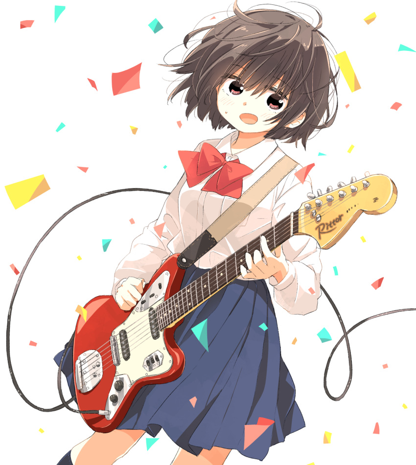 1girl, :d, bangs, black_legwear, blouse, blue_skirt, blush, bob_cut