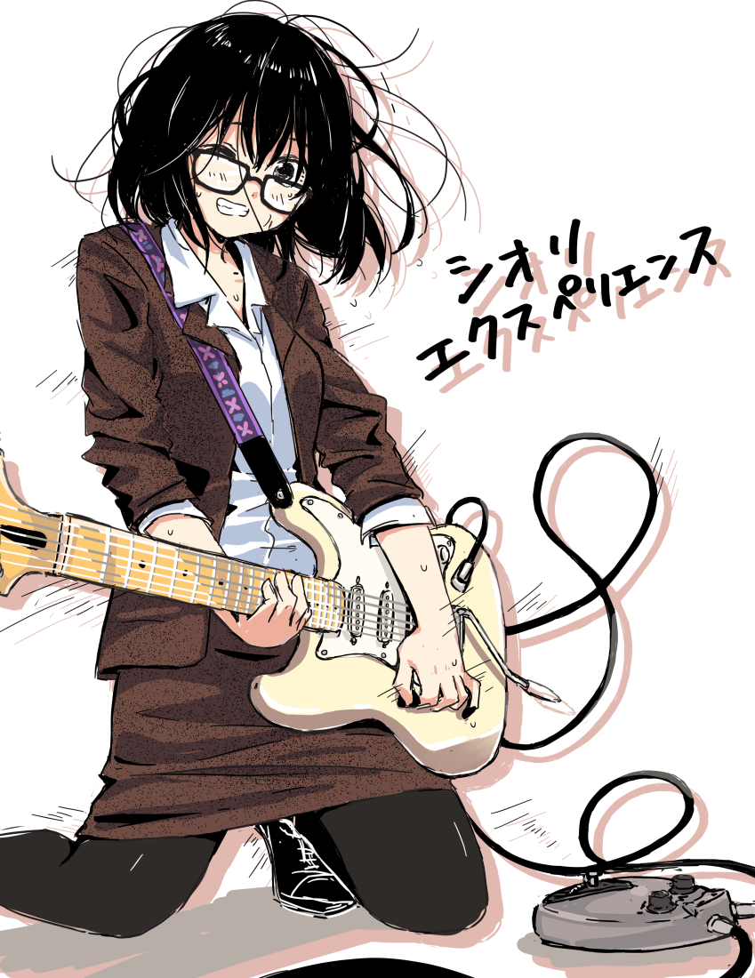 1girl, bangs, black-framed_eyewear, black_eyes, black_hair, black_legwear, blush, copyright_name, glasses, grin, guitar, holding_instrument, honda_shiori, instrument, jacket, kneeling, matsuda_hikari, one_eye_closed, open_clothes, open_jacket, pantyhose, pencil_skirt, shiori_experience, skirt, sleeves_rolled_up, smile, solo, stratocaster, teeth