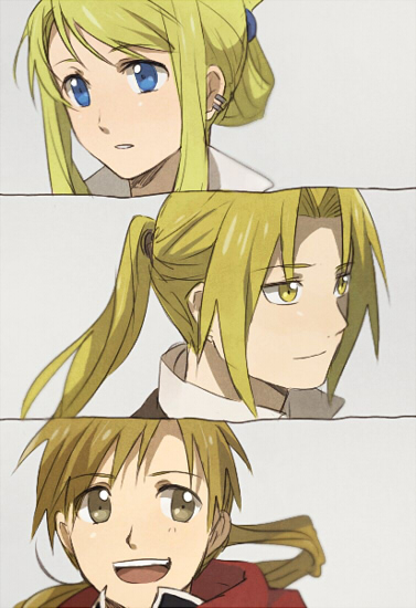 1girl, 2boys, alphonse_elric, bangs, blonde_hair, blue_eyes, brown_hair, coat