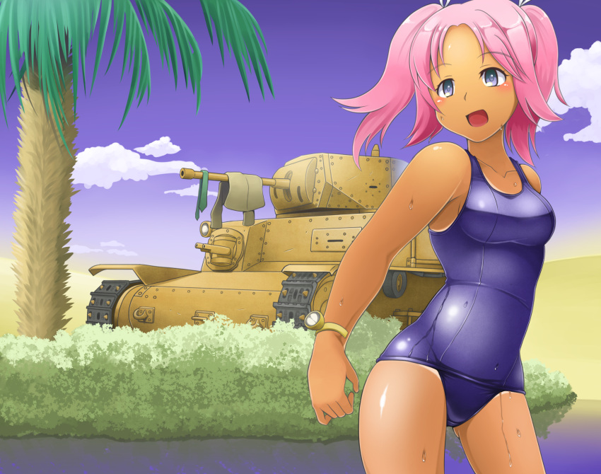 1girl, blue_eyes, clouds, dead_people, desert, ground_vehicle, highres, m13/40