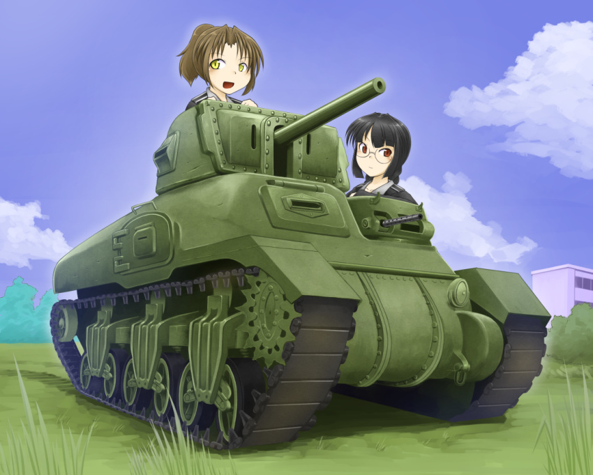 2girls, black_hair, brown_hair, building, clouds, dead_people, glasses, grass, green_eyes, ground_vehicle, military, military_vehicle, motor_vehicle, multiple_girls, original, ram_(tank), red_eyes, sky, tank