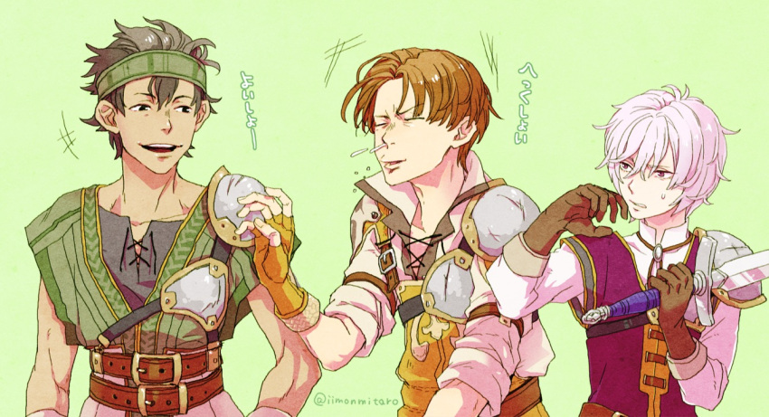 3boys, adusa, artist_name, belt, black_hair, brown_hair, closed_eyes, dark_skin