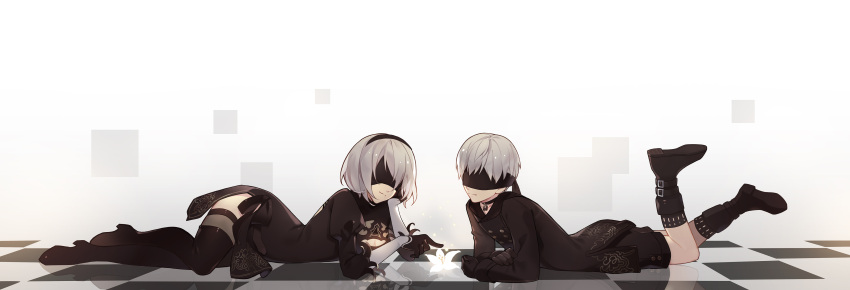 1boy, 1girl, absurdres, black_dress, black_gloves, black_legwear, blindfold, boots