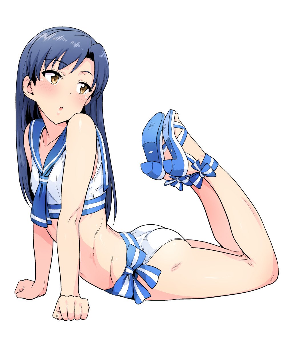 1girl, bikini_bottom, black_hair, collarbone, highres, idolmaster, kisaragi_chihaya, long_hair
