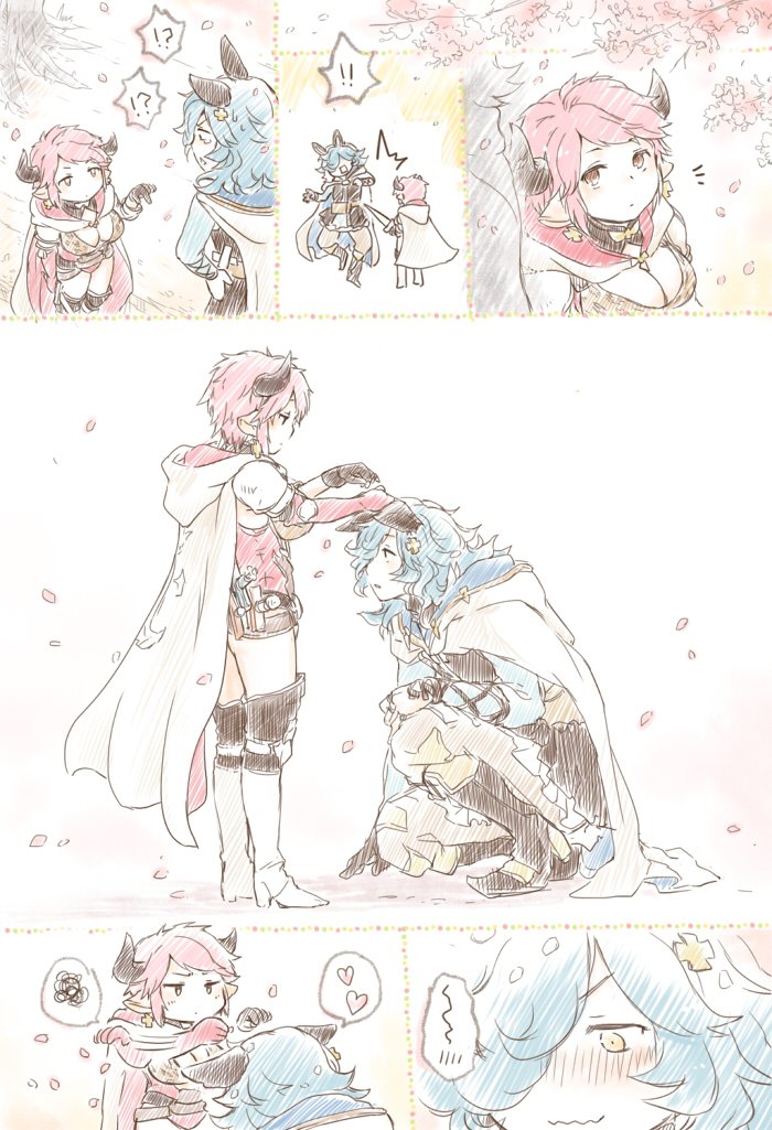 !!, !?, 1boy, 1girl, blue_hair, blush, boots, cherry_blossoms