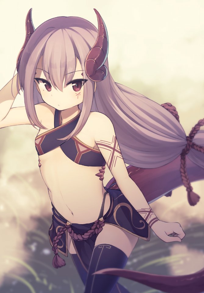 1girl, bare_shoulders, black_legwear, borrowed_character, breasts, dragon_girl, dragon_horns, dragon_tail