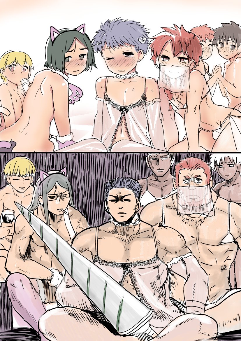 2koma, 6+boys, age_comparison, alexander_(fate/grand_order), animal_ears, arabian_clothes, beard, before_and_after