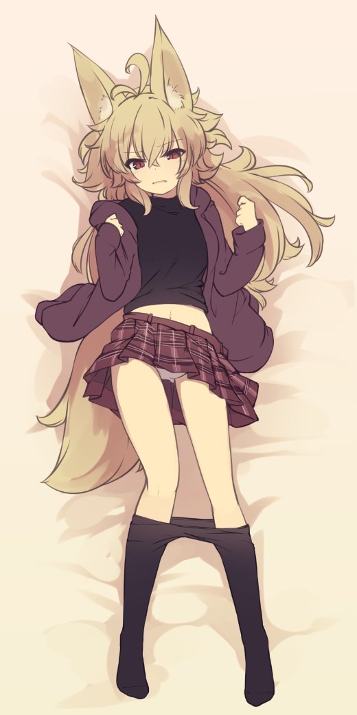 1girl, animal_ears, black_legwear, black_shirt, blonde_hair, borrowed_character, commentary_request, fox_ears, fox_tail, full_body, hood, long_hair, long_sleeves, looking_at_viewer, lying, midriff, miniskirt, natsuki_teru, navel, on_back, original, panties, pantyhose, pantyhose_pull, pantyshot, pantyshot_(lying), plaid, pleated_skirt, rechiko_(yarareimu), red_eyes, red_skirt, shirt, skirt, solo, tail, underwear, white_panties