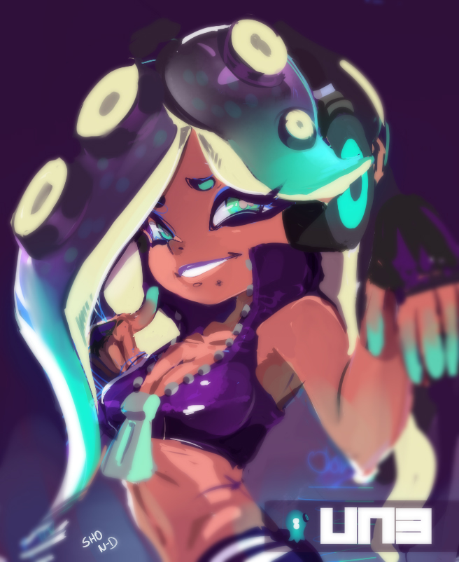 1girl, aqua_eyes, aqua_hair, aqua_skin, artist_name, asymmetrical_hair, bare_arms, bare_shoulders