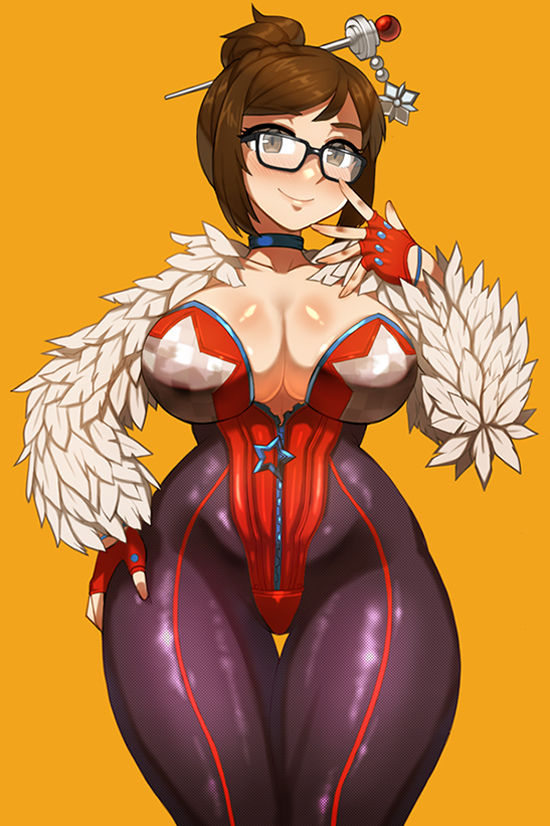1girl, bead, black-framed_eyewear, blade_&amp;_soul, blue_choker, bodysuit, breasts, brown_eyes, brown_hair, choker, cleavage, closed_mouth, collarbone, cowboy_shot, deep_skin, feather_trim, feathers, finger_on_glasses, fingerless_gloves, fingernails, glasses, gloves, hair_bun, hair_ornament, hair_stick, hand_on_hip, hand_up, highleg, highleg_leotard, large_breasts, leotard, long_fingernails, looking_at_viewer, mei_(overwatch), nite_(ku3456), overwatch, red_gloves, red_leotard, short_hair, sidelocks, simple_background, smile, snowflake_hair_ornament, solo, standing, thigh_gap, yellow_background, zipper