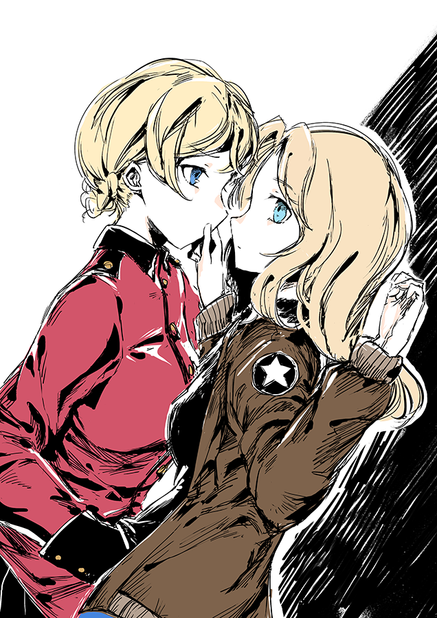 2girls, blonde_hair, bomber_jacket, braid, darjeeling, dutch_angle, eyepatch, french_braid