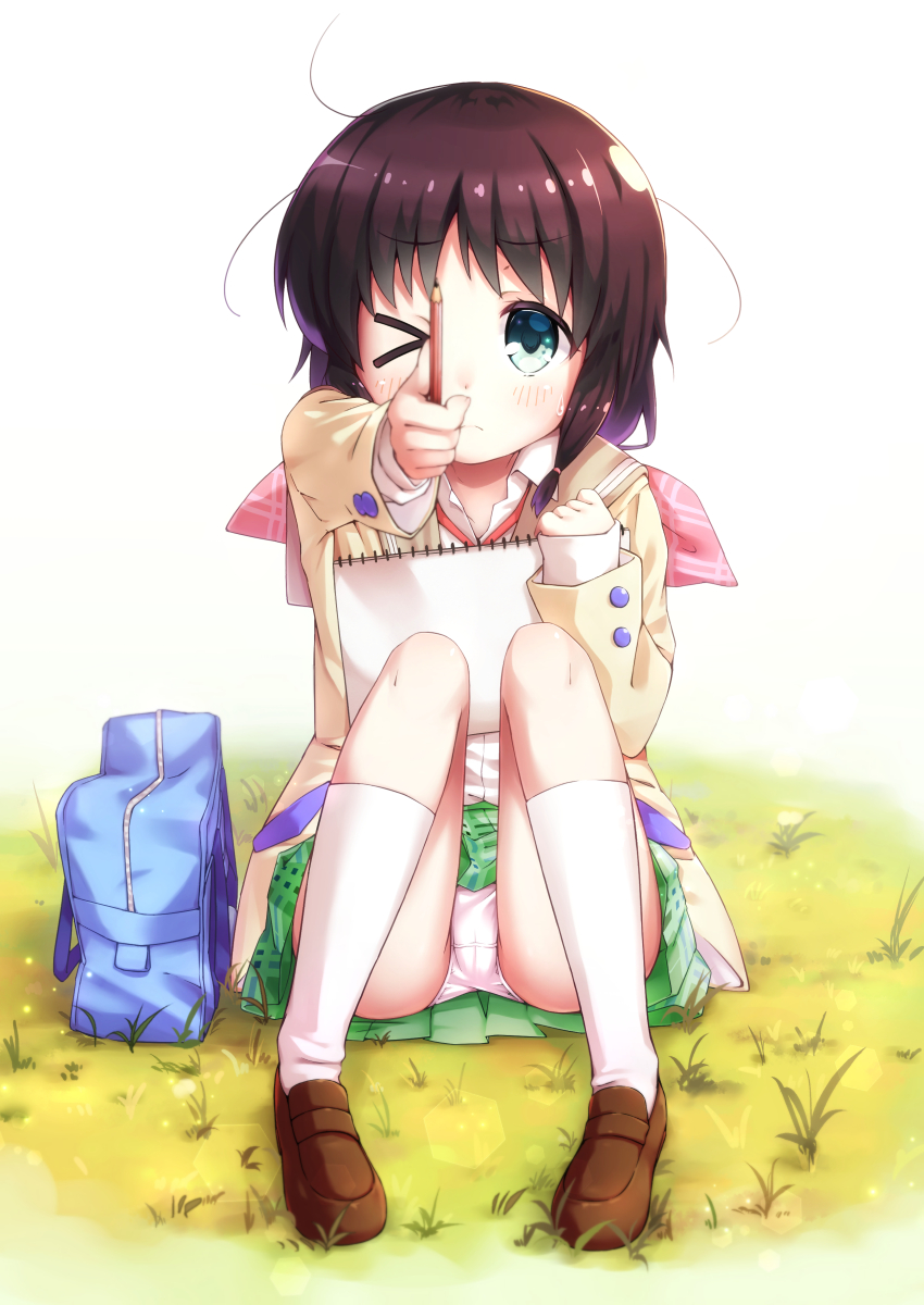 >_o, 1girl, aqua_eyes, bag, blazer, blurry, blush, bow