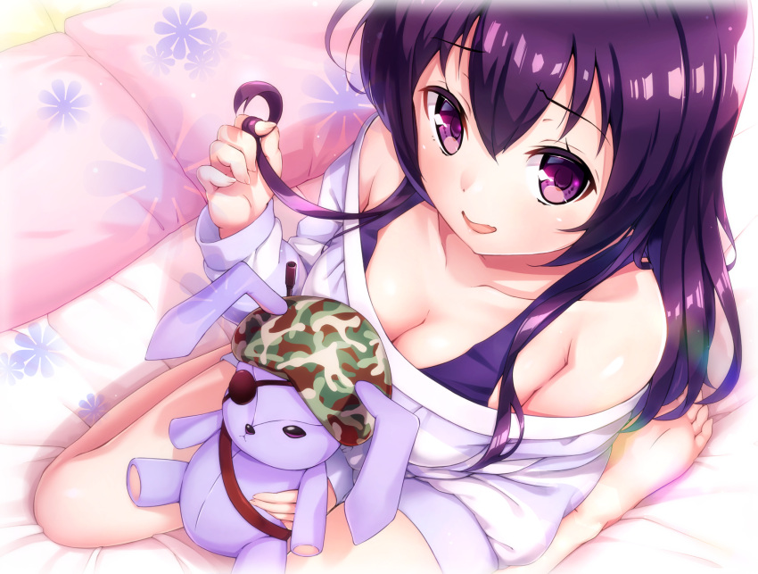 1girl, alternate_hairstyle, bangs, bare_shoulders, barefoot, beret, blush, breasts
