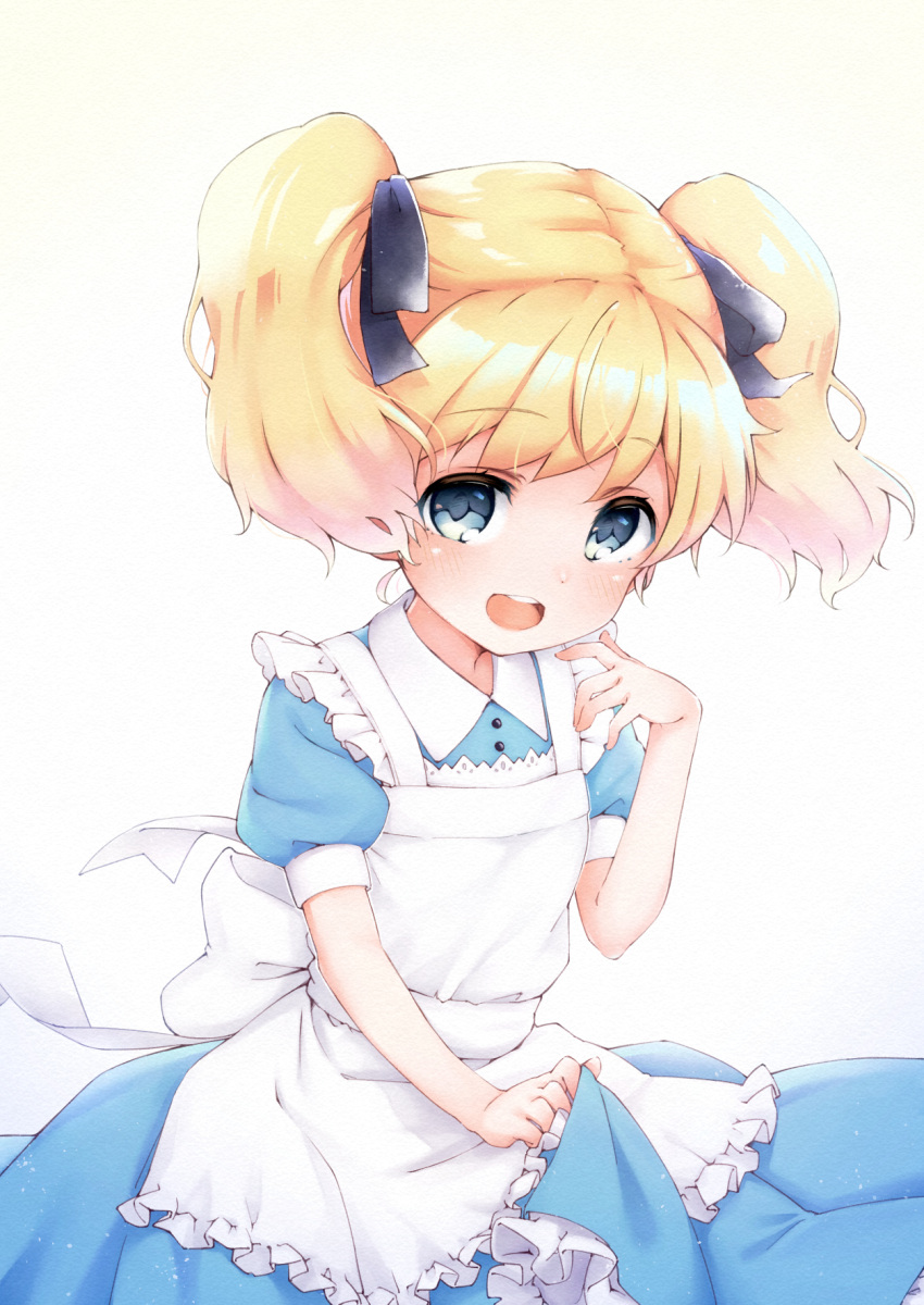 1girl, :d, alice_cartelet, alternate_costume, apron, bangs, blonde_hair, blue_dress