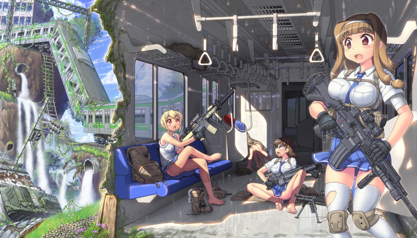 5girls, :o, assault_rifle, backpack, bag, bandage, bandaged_arm, bangs