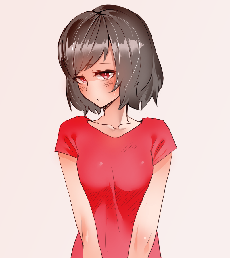 1girl, bangs, black_hair, blush, breast_squeeze, breasts, embarrassed, hashimoto_(soukidann2010)