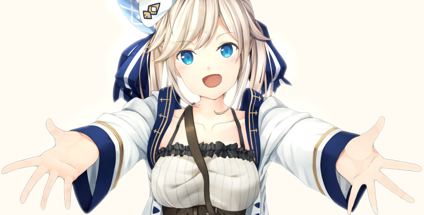 1girl, beret, blonde_hair, blue_eyes, breasts, collarbone, colored, eyebrows_visible_through_hair
