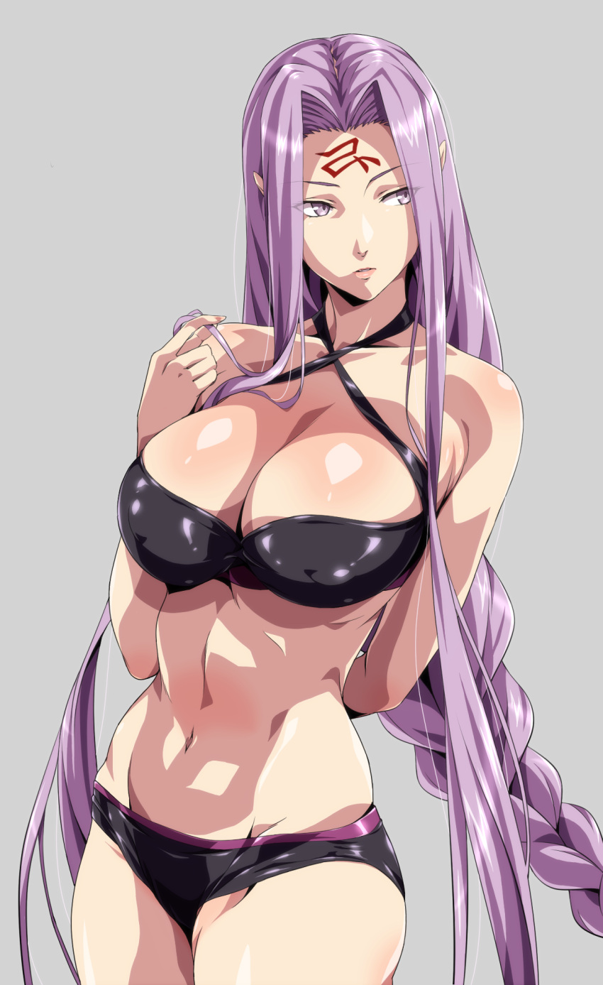 1girl, arm_behind_back, bare_shoulders, bikini, black_bikini, braid, breasts, cleavage