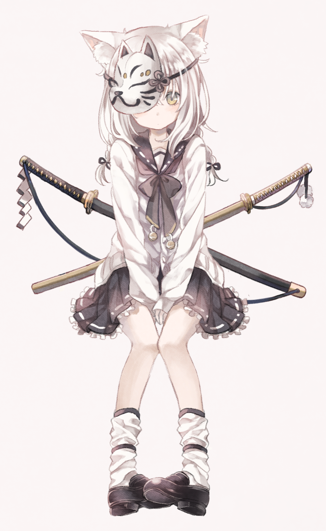 1girl, animal_ears, bangs, between_legs, black_shoes, black_skirt, blush, braid