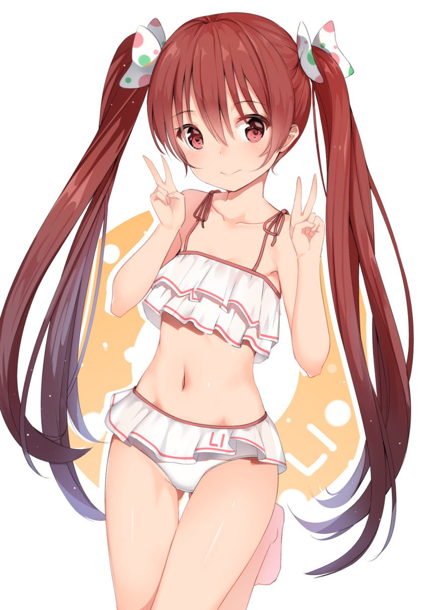 10s, 1girl, bikini, brown_eyes, brown_hair, gin00, hair_ornament, hair_ribbon