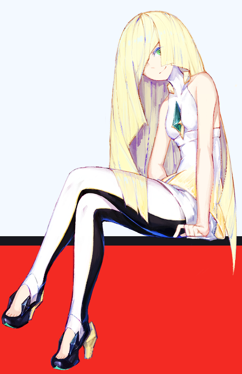 1girl, bare_shoulders, blonde_hair, breasts, closed_mouth, commentary_request, dress, full_body