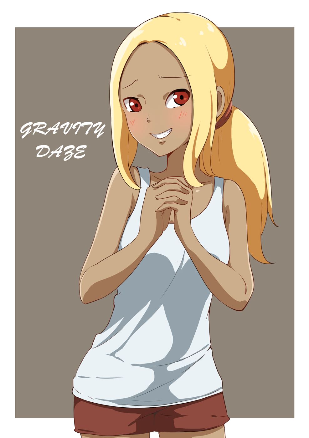 1girl, air_0497, bangs, bare_shoulders, blonde_hair, blush, dark_skin, gravity_daze