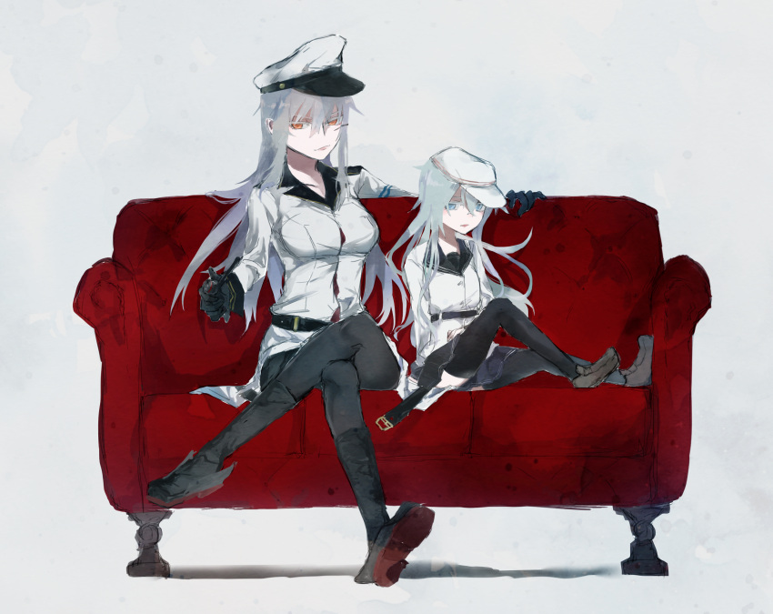 10s, agtt25333, belt, black_gloves, black_legwear, blue_eyes, breasts, collarbone, couch, eyebrows_visible_through_hair, flat_cap, full_body, gangut_(kantai_collection), gloves, grey_hair, hair_between_eyes, hat, hibiki_(kantai_collection), highres, jacket, kantai_collection, long_hair, long_sleeves, military, military_hat, military_uniform, pantyhose, peaked_cap, red_eyes, remodel_(kantai_collection), scar, school_uniform, serafuku, silver_hair, simple_background, sitting, sitting_on_object, skirt, smile, uniform, verniy_(kantai_collection), white_hat