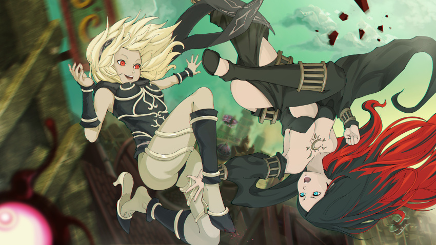 2girls, aqua_eyes, bare_shoulders, black_scarf, blonde_hair, bodysuit, breasts, building