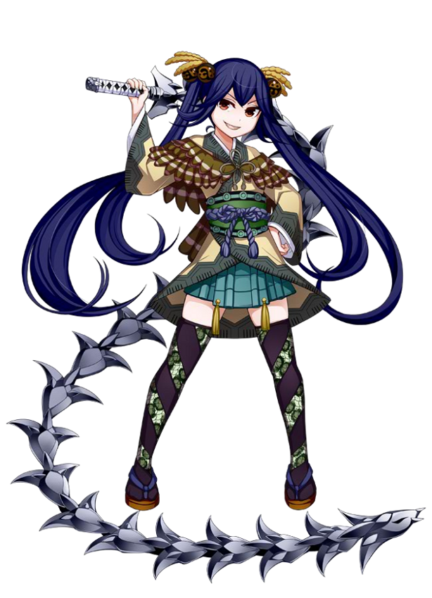 >:), 1girl, artist_request, blue_hair, full_body, hand_on_hip, holding, holding_weapon