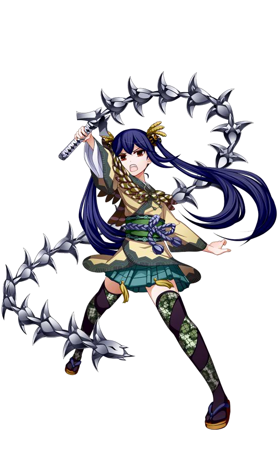 1girl, artist_request, blue_hair, full_body, hand_on_hip, holding, holding_weapon, inabayama_(oshiro_project)