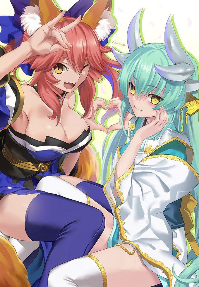 >:), >;d, 2girls, ;d, animal_ears, aora, aqua_hair, armpits