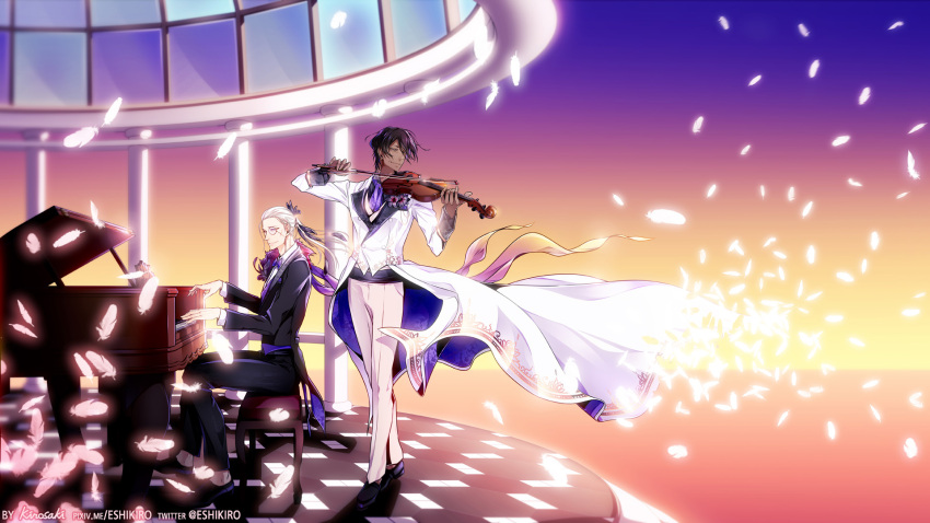 2boys, acca_13-ku_kansatsu-ka, artist_name, black_hair, black_shoes, bow_(instrument), brown_eyes, dark_skin, earrings, feathers, formal, gazebo, grand_piano, grossular, hair_tie, highres, instrument, jewelry, lilium_(acca), long_hair, male_focus, monocle, multiple_boys, music, necktie, pants, piano, playing_instrument, ponytail, purple_necktie, seklutz, shoes, sitting, smile, socks, standing, suit, sunset, twitter_username, violin, watermark, web_address, white_hair, white_legwear, white_pants