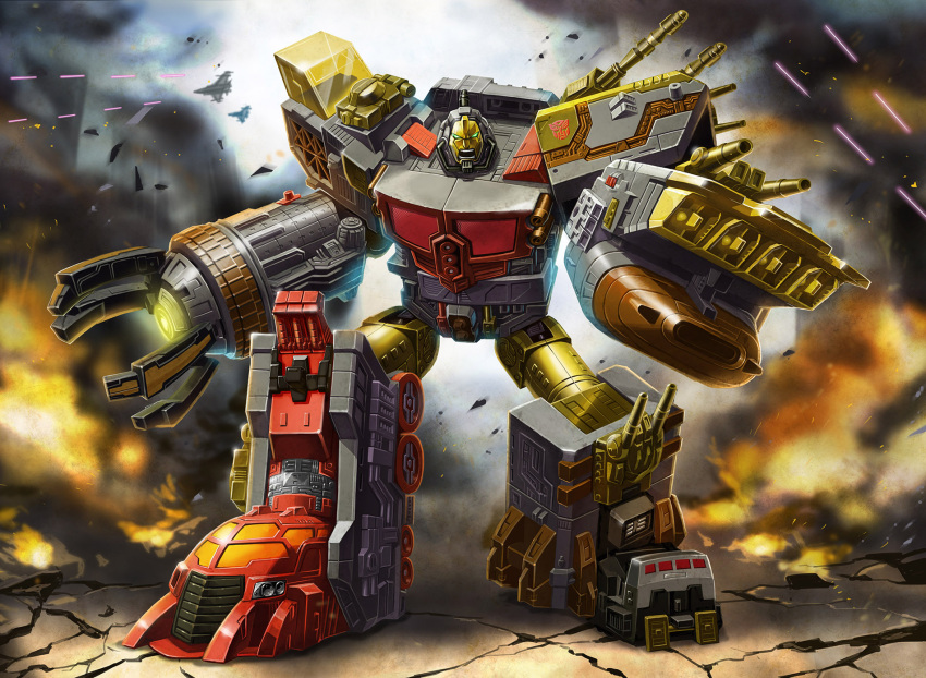 1boy, 80s, arm_cannon, autobot, battle, cannon, explosion, fire