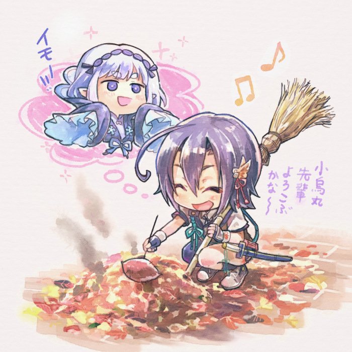 2girls, ahoge, asymmetrical_legwear, beamed_quavers, black_hair, chibi, closed_eyes, food