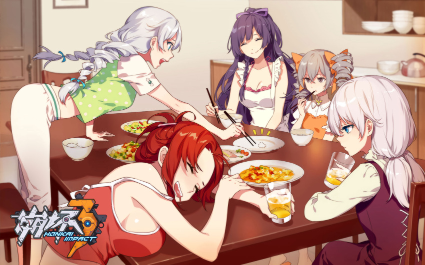 /\/\/\, 5girls, :d, :t, ^_^, apron, bangs, benghuai_xueyuan