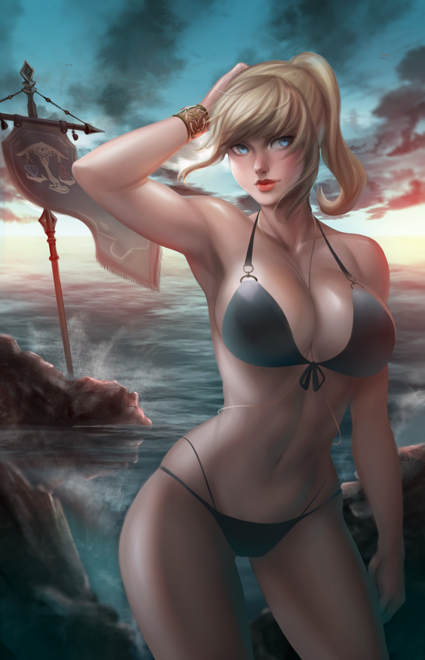 1girl, absurdres, arm_up, aya_foxheart, banner, bikini, blonde_hair, blue_eyes