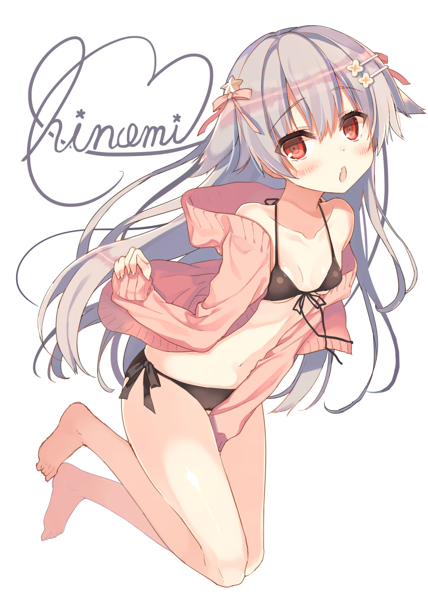 1girl, absurdres, bare_legs, bare_shoulders, barefoot, bikini, black_bikini, blush