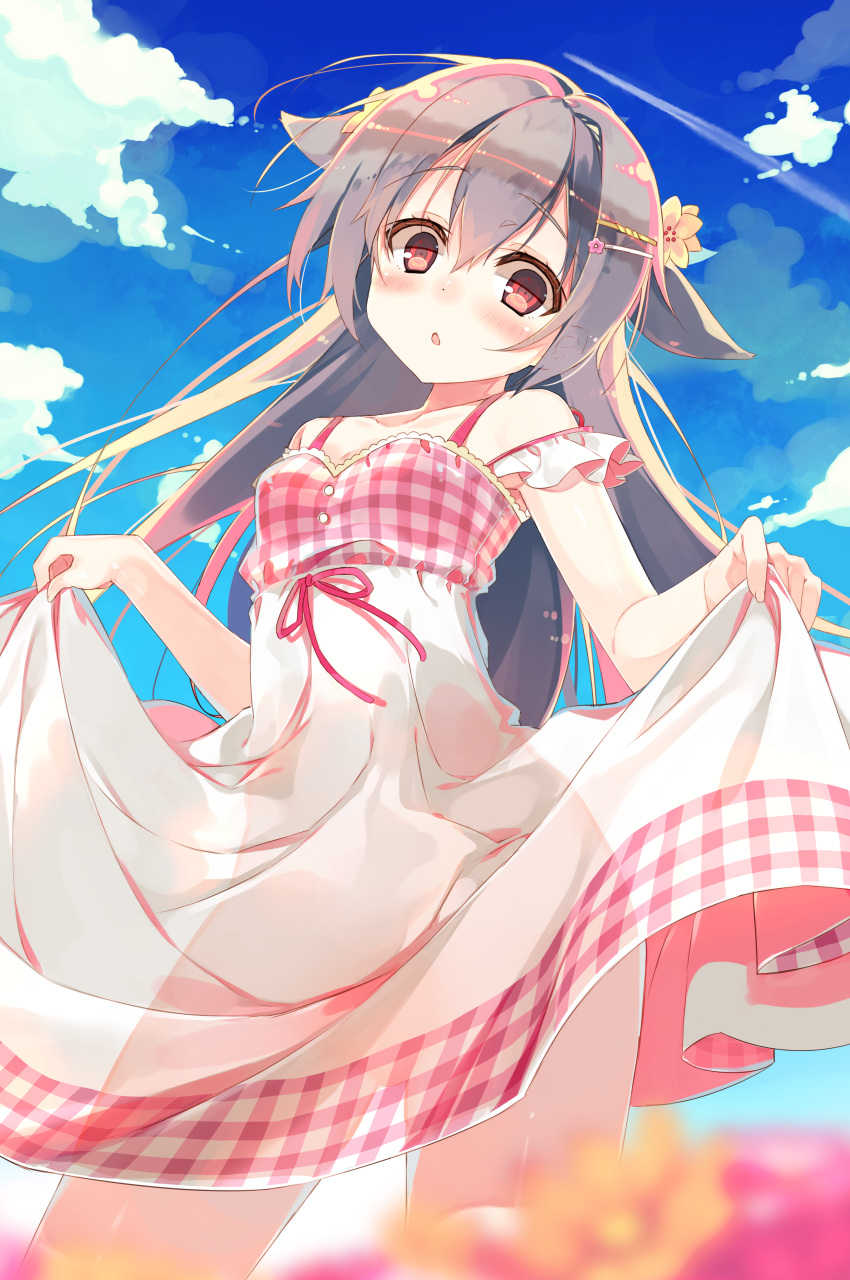 1girl, :o, absurdres, animal_ears, bangs, bare_shoulders, blue_sky, blush