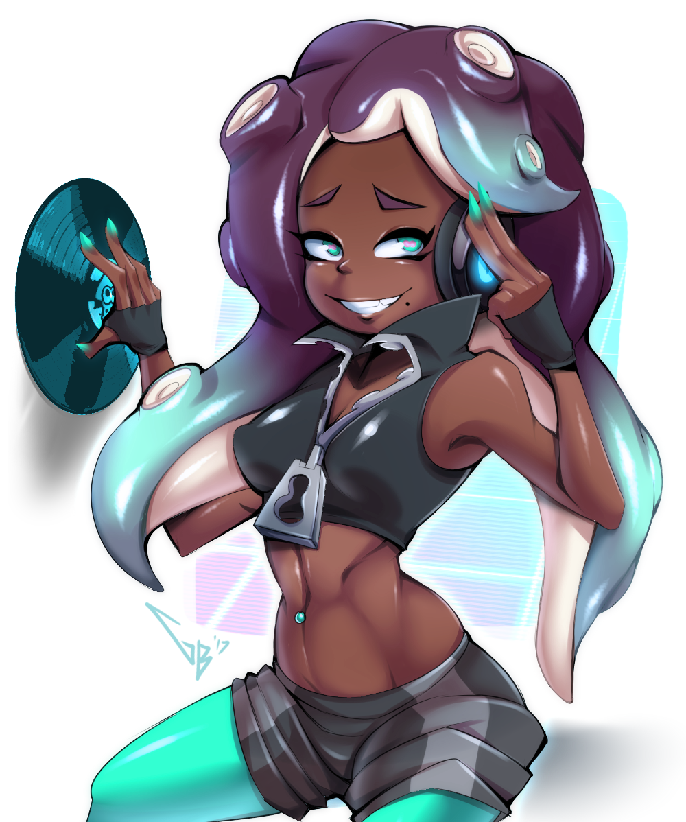 1girl, dark_skin, geistbox, gloves, green_eyes, grin, headphones, long_hair