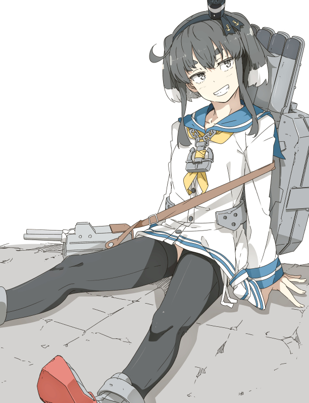 1girl, ahoge, alternate_legwear, anchor_necklace, backpack, bag, black_hair, black_legwear