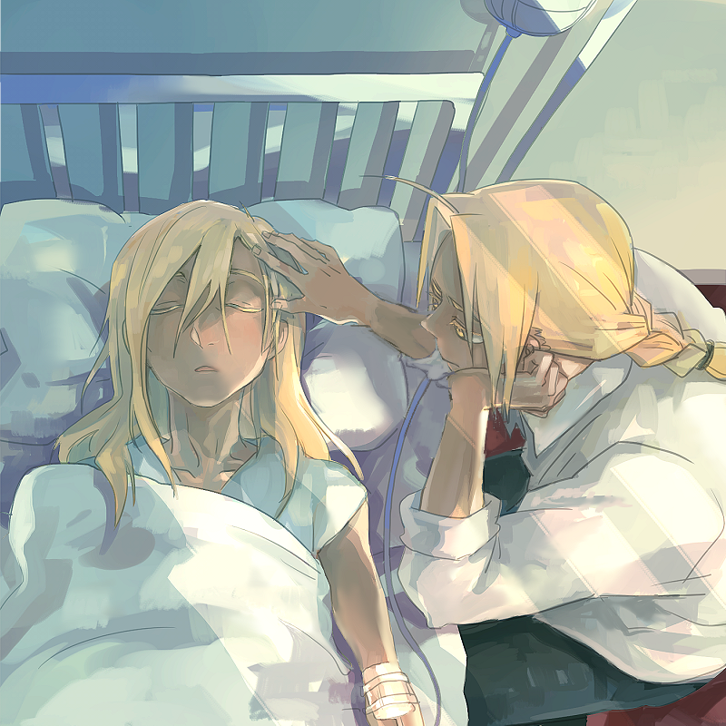 2boys, alphonse_elric, bed, bed_sheet, blonde_hair, braid, brothers, closed_eyes