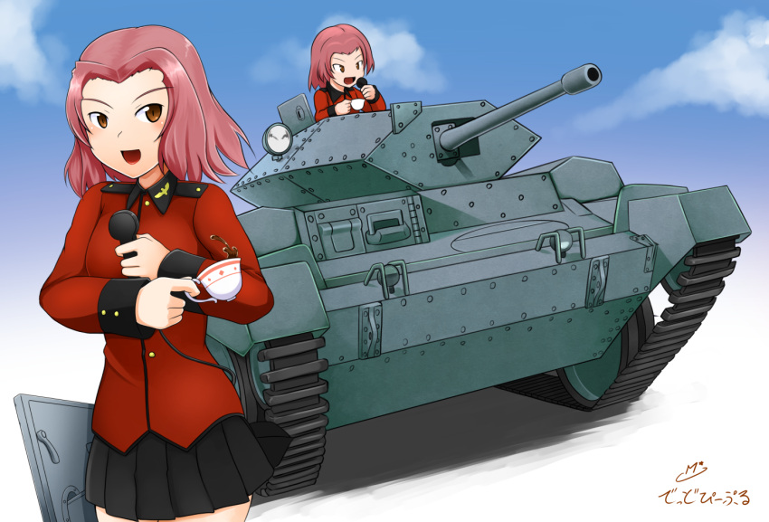 1girl, artist_name, brown_eyes, clouds, crusader_(tank), cup, dead_people, girls_und_panzer