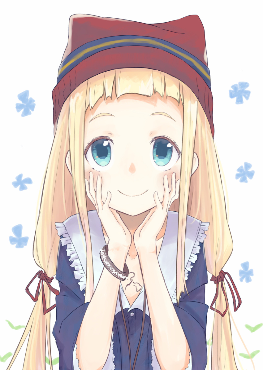 1girl, absurdres, blonde_hair, blue_eyes, blush, bracelet, chin_rest, commentary_request