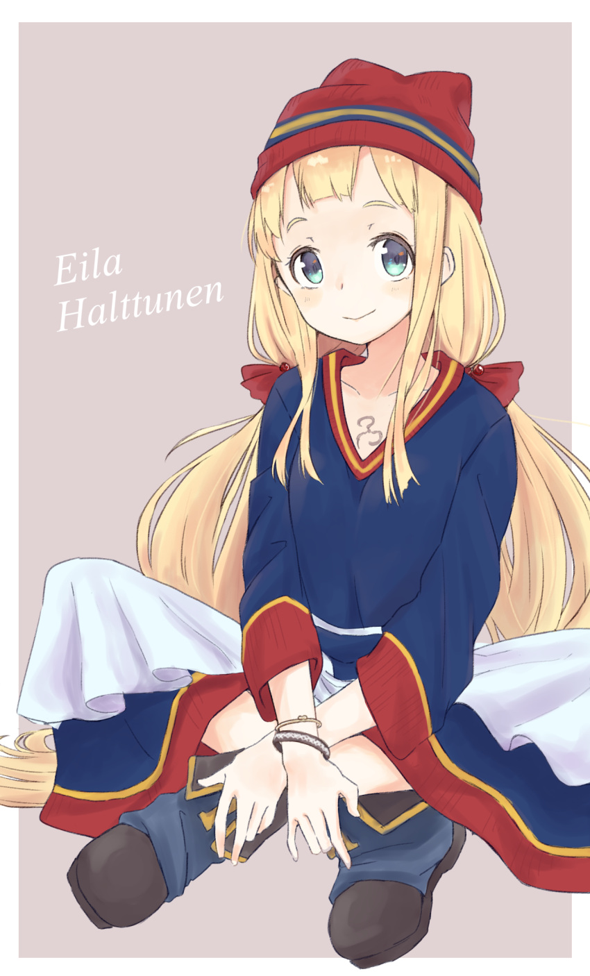 1girl, blonde_hair, blue_eyes, boots, bracelet, character_name, commentary_request, dress