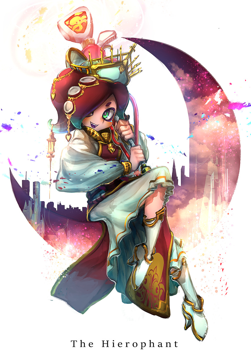 1girl, boots, classic_squiffer_(splatoon), crown, dress, english, full_body, green_eyes, hair_over_one_eye, highres, holding, holding_weapon, kashu_(hizake), long_dress, octarian, open_mouth, red_dress, redhead, short_hair, sitting, smile, solo, splatoon, takozonesu, tarot, tentacle_hair, the_hierophant, weapon, white_background, white_boots