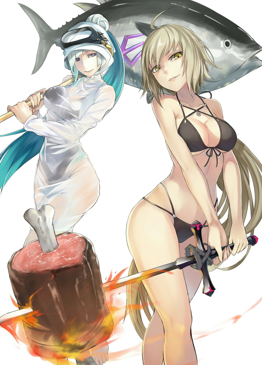 2girls, ahoge, aqua_hair, bare_shoulders, bikini, blonde_hair, boned_meat, breasts