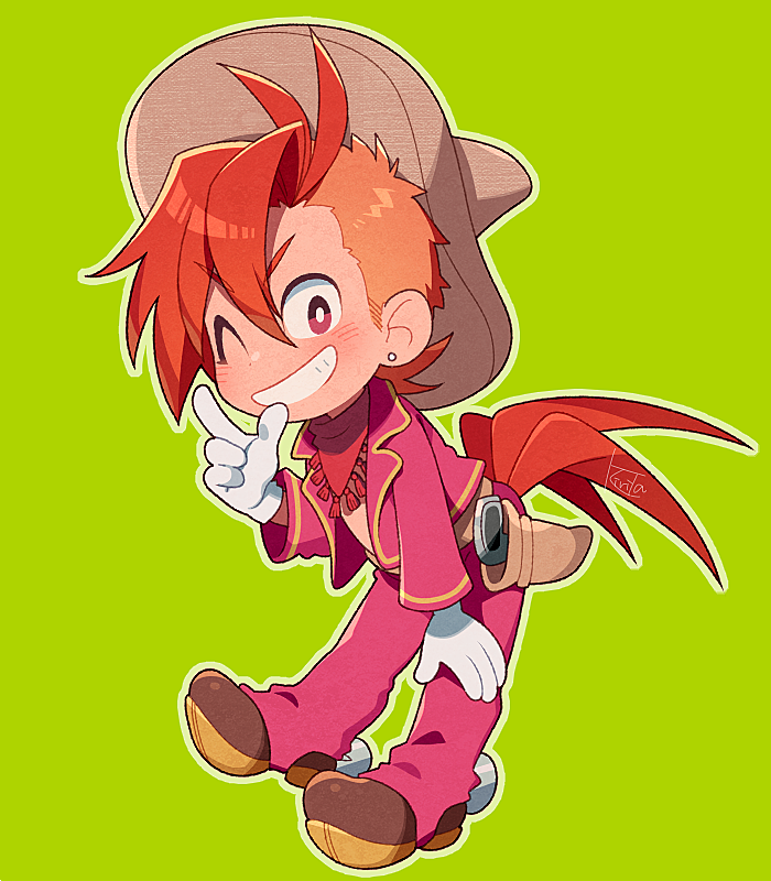 1boy, bent_over, brown_shoes, disney, finger_gun, full_body, gloves, green_background