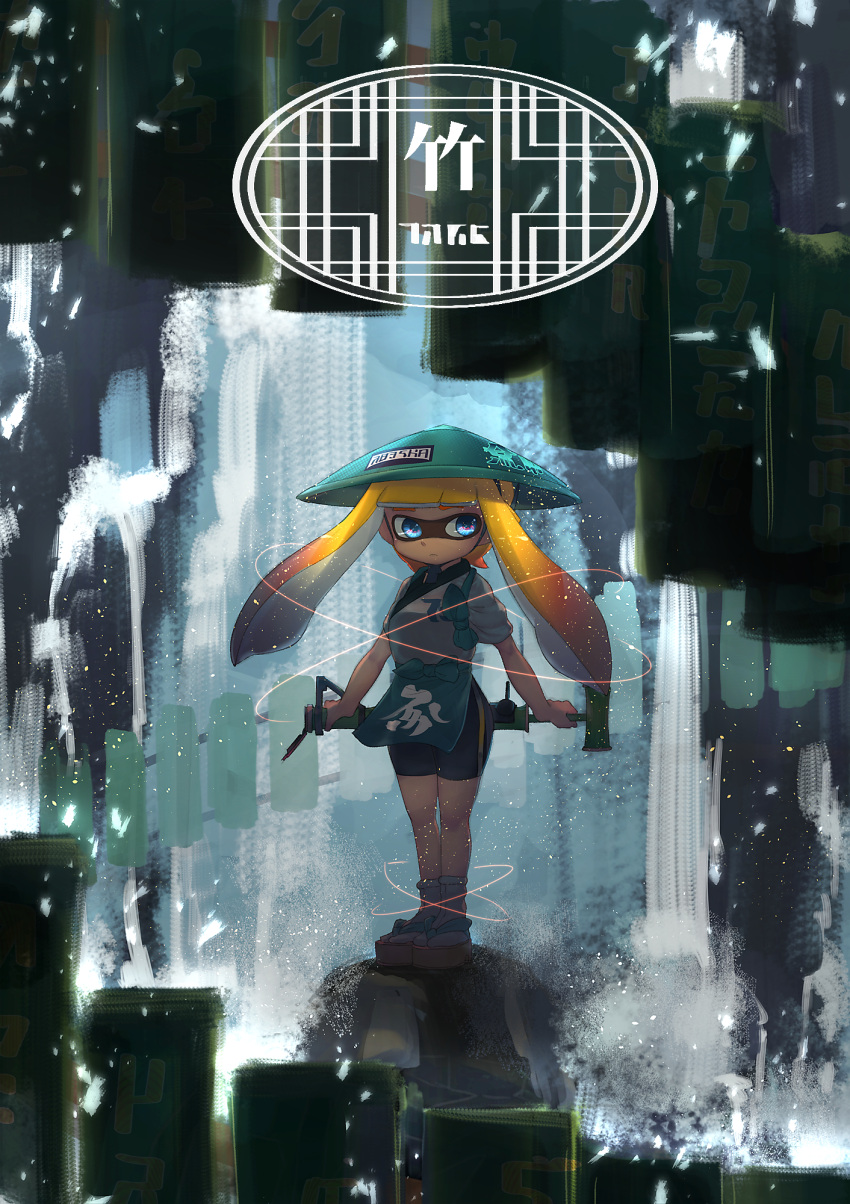 1girl, ajirogasa, apron, bamboozler_14_(splatoon), bangs, bike_shorts, black_shorts, blue_eyes